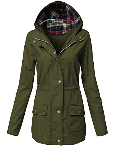 Plus Size Plaid Hooded Waist Drawstring Utility Jackets
