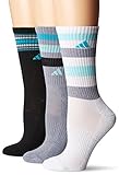adidas Women's Cushioned 3-Pack Crew Socks, Grey Clear Onix Marl/Energy Aqua/Energy Blue/Black/White, Medium