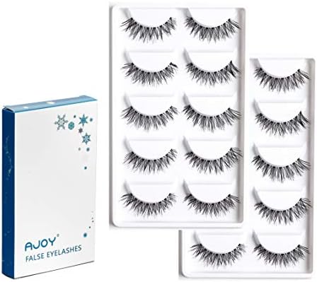 AJOY 10 Pairs Corner Winged Style Demi Wispies Eyelashes, Natural Look Fake Eyelashes, Invisible Bands Whispy Eyelashes, Short Length Thin Strip Lashes and Clear Bands, R-10P