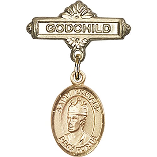 14kt Yellow Gold Baby Badge with St. Edward the Confessor Charm and Godchild Badge Pin 1 X 5/8 inches