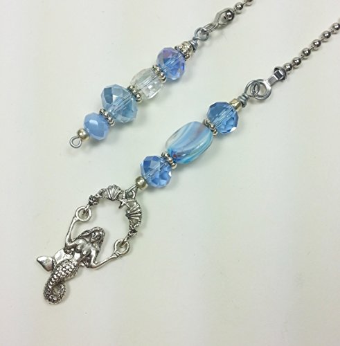 Ceiling Fan and Light Pull Chain Set with Mermaid Charm. Light Blue.