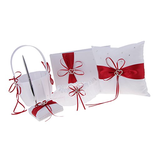 SunniMix Pieces of 5 Wedding Set Guest Book and Pen Stand Flower Girl Basket Ring Cushion Ring Holder Ring Bearer Garter Keepsake Memorial - Red, as described