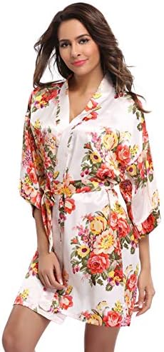 Feelia Women's Floral Short Robe Silk Kimono Bathrobe for Bride Bridesmaids Nightgown
