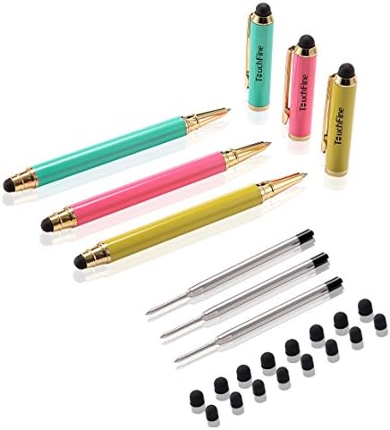 Stylus,TouchFine 3pcs 3-in-1 Stylus Pen with Gold Trim for All Capacitive Touch Screen Smartphones,Tablets PC(Extra 3 Refills+16 Rubber Tips)-Peacock Green,Hot Pink,Yellow