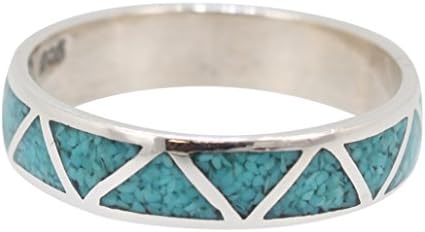 Luna Gem House Southwestern Chevron Band Ring with Stabilized Turquoise Inlay and Sterling Silver for Men or Women