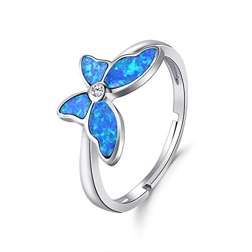 FANCIME Created Opal Butterfly Open Circle Rings 925 Sterling Silver Charming Dainty Cubic Zirconia CZ October Birthstone Fine Jewelry Gifts for Women Girls Size Adjustable 5,6,7,8,9