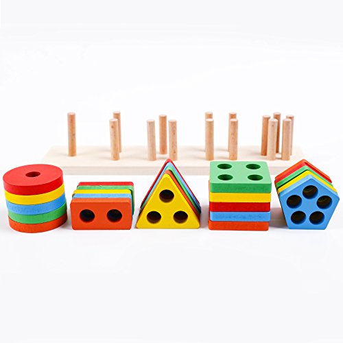kizh Wooden Educational Preschool Toddler Toys Shape Color Recognition Geometric Board Blocks Stack Sort Chunky Puzzles 25 pcs for 1-5 Year Old Boys Girls Kids Baby Toddlers Children Non-Toxic Toy - Thumbnail 3