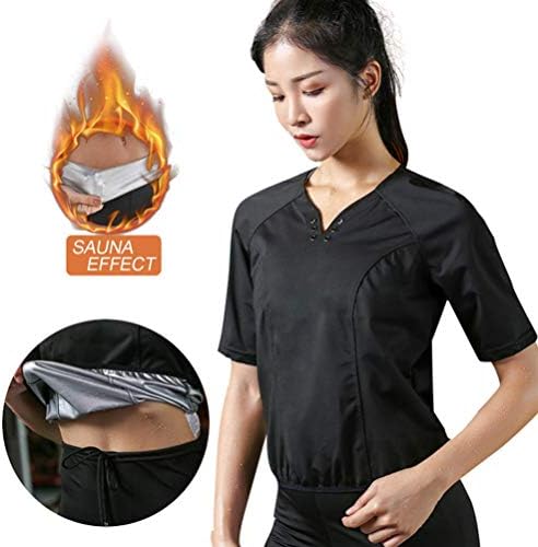 Women Sauna T Shirt V-neck Weight Loss Gym Exercise Sweat Suits Workout Sweat Sauna Best Exercise Trainer for Weight Loss with Reflective strip BlackM