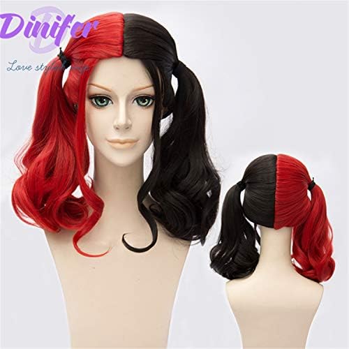 DINIFER Wigs Suicide Squad Harleen Quinzel Clown Halle Quinn Styling Ombre Wig Hair Extension + Free Cap (Red Black Braid)