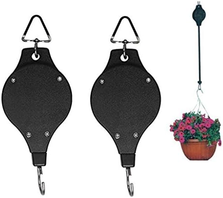 Kasmena 2PCS Black Retractable Hanger Hanging Flower Basket Hook Hanger,Plant Pulley for Garden Baskets Pots and Birds Feeder Hang High Up and Pull Down to Water or Feed