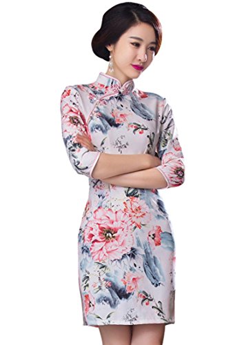 Wincolor Women's Chinese Traditional Cheongsam Half Sleeve Floral Printed Qipao Dress