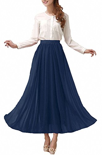 Afibi Womens Chiffon Retro Long Maxi Skirt Vintage Dress (Large, Navy Blue)