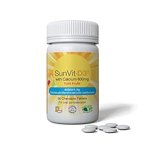 SunVit-D3 400IU/600mg Calcium – 56 Chewable Tablets – Summer Tutti Frutti Flavour – 2 Months Supply – to be Taken Weekly…