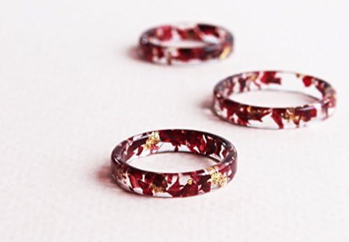 Nature Resin Ring Band with Natural Pressed Red Tulip Petals and Gold Flakes