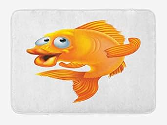 Fish Bath Mat, Cartoon Character Happy Goldfish Smiling ...