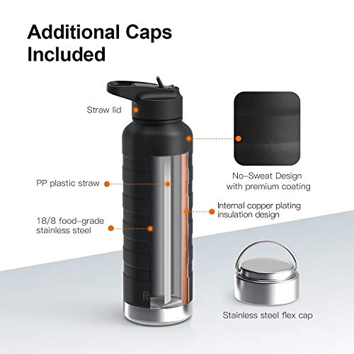 REYLEO Insulated Water Bottle with Straw Lid- 24 Oz Black, 2 Lids, 18/8 Stainless Steel Water Bottle, Keep Cold 24 Hours& Hot 8 Hours, Standard Mouth with Straw Lid