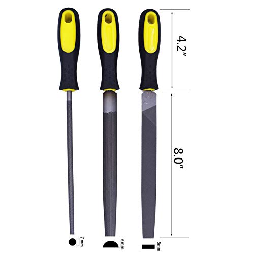 3 Piece 8 inches Metal Coarse File Tools Set Rubber Anti-slip Handles - Flat/Round/Half Round Carbon Steel Rasp Files Set For Filing Metal/Wood/Leather with Storage Pouch and a Brass Brush