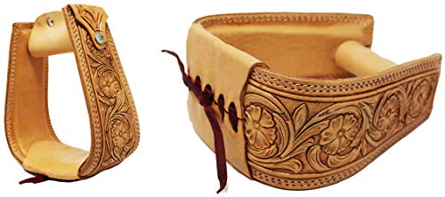 CHALLENGER Horse Western Saddle Tack Floral Hand Tooled Leather Covered Stirrups 51173TN