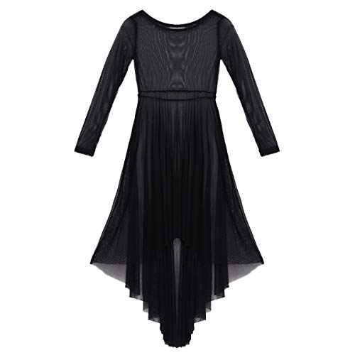 dPois Big Girls' Long Sleeve High-Low Hem Lyrical Praise Dance Mesh Dress Liturgical Dancewear Black 12 - Thumbnail 5