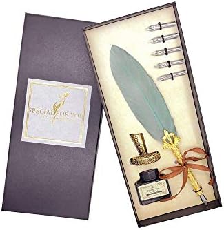 Ziv Calligraphy Feather Pen -Quill Antique Feather Writting Quill Pen Gold Pen Stem Calligraphy Pen Set (Green)
