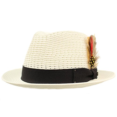 Men's Light Vented Removable Feather Derby Fedora Curled Brim Hat S/M White