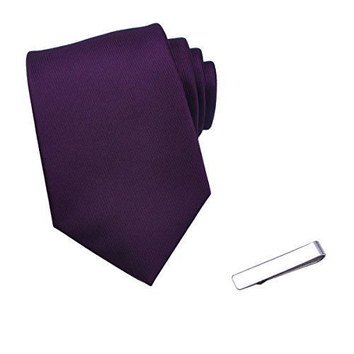 JESLANG Men's Solid Color Neck Ties and Simple Tie Clip Set Multiple Colors (Dark Purple)