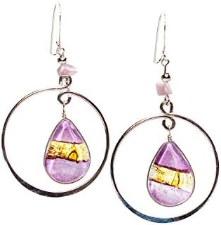 Purple Yellow Fused Glass Drop Peruvian Hoop Earrings, Boho Jewelry, Tribal Jewelry, Hippie Jewelry, Belly Dancing Jewelry, Salsa Dancing Jewelry