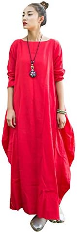 BELLEFILLES Womens Loose Fitting Casual Cotton Linen Long Dress Bust>160CM