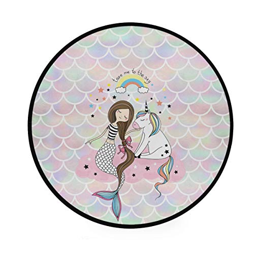 Round Area Rug Non-Slip Large Circle Rugs for Living Room Bedroom Beautiful Modern Microfiber Soft Carpet Machine Washable Floor Mat Home Decor 3-Feet Diameter (Mermaid Unicorn)