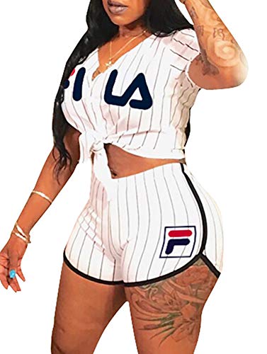 Verchirs Womens Sexy 2 Piece Sports Outfit Set Letter Print Tie Front Crop Top High Waisted Short Pants Tracksuit