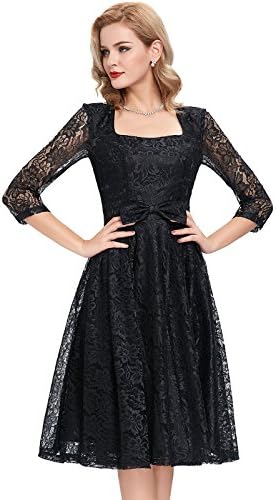 Women's Square Neck Retro Lace Midi Dress with Bow Black Size S