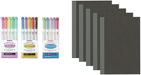 Zebra Mildliner 15 Color Full Set & MUJI Black Notebook A5 5mm-grid 30sheets - Pack of 5books / Value set with an Original Paperclip
