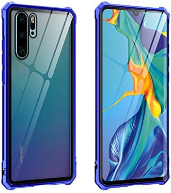 RanGuo Compatible for Huawei P30 Pro Case, Ultra-thin Metal Bumper Shockproof Drop Resistance Anti-Scratch Anti-Fingerprint Cover with HD Transparent Glass Back Shell (Blue)