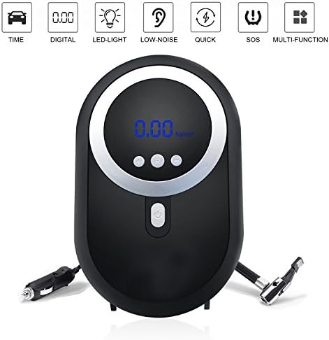 Portable Air Compressor Pump - Digital Tire Inflator - Electric Auto Pump - DC12V &amp; 150PSI - Digital Pressure Gauge - Auto Shut OFF - Emergency LED Light - 3 Nozzles for Cars, Motorcycles, Bicycles