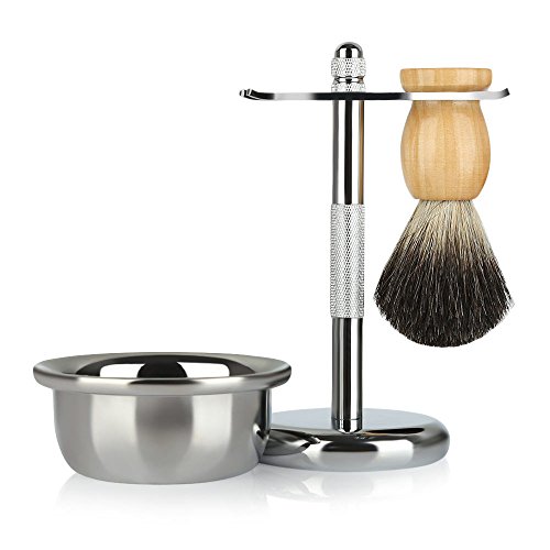 Men's Shaving Set , 3-in-1 Shaving Kit with Badger Hair Shaving Brush, Safety Razor Stand, Shaving Soap Bowl, Great Fathers Day or Christmas Gift with Gift Box for Manual Shaving