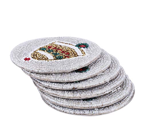 Christmas Bell Beaded Coaster 4 Inch - Tea Coaster, Coffee Coaster, Dinning Table Accessories, Decorative Home Decor, Wedding Decoration, Dining & Serving Party Decor Gift Art- Set of 6 - Silver Red
