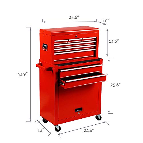Big Removable Tool Chest, Rolling Tool Chests with Wheels (2PCS Lockable) and Drawers, Top Tray and Bottom Cabinet Door with Keyed Locking System, for Garage, Warehouse, and Workshop, etc(Red) - Thumbnail 4