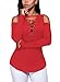 FARYSAYS Women's Sexy Cut-Out Shoulder Blouse Lace-Up Pullover Ribbed Tops Red