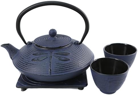 Cuisiland 27oz Cast Iron Teapot Set, Japanese Tetsubin Teapot with Enamel Coated Interior, Dragonfly Design, Excellent Heat Retention, Includes Infuser, Trivet & 2 Tea Cups (Blue)