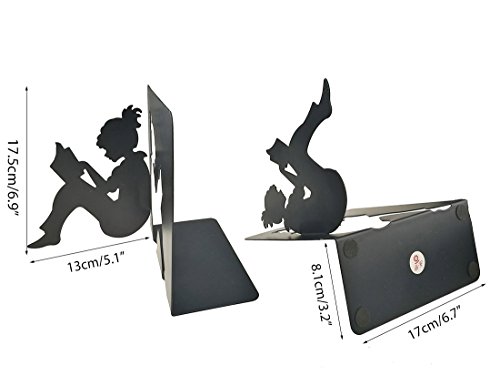 3D Paper-cut Little Girl Is Reading Pattern Metal Bookends Book Ends For Kids Teenagers Teachers Students Adults Study Home School Library Office Decoration (Black)