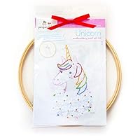 Unicorn Hand Embroidery DIY Craft Wall Art Kit, beginner learn to embroider French knot, backstitch, lazy daisy flower stitch, 8 inch hoop, 6 strand cotton floss thread, needle, kids crafts boys girls