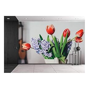 Bath of Tulip and Purple Flowers - Removable Wall Mural | Self-Adhesive Large Wallpaper - 66x96 inches