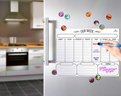 HomeN'Stars Weekly Whiteboard Calendar Magnetic Dry Erase Weekly Planner Message Board for Fridge Bonus 10 Magnetic Icons and 2 Markers 16"X12" White