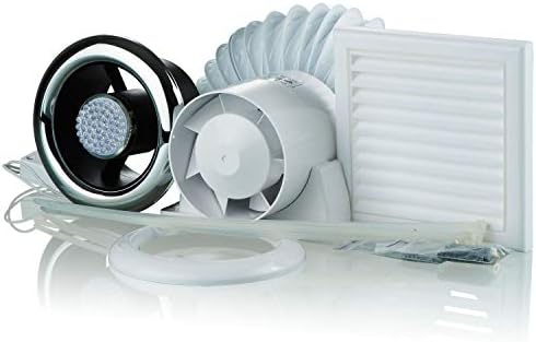 Bathroom Shower Fan LED Downligher Light Loft Mounted Extractor in Line Kit with Timer Ducting Circular Ceiling Grille & Wall Vent