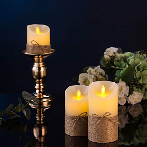Aku Tonpa Flameless Candles Battery Operated Pillar Real Wax Flickering Moving Wick Electric LED Candle Gift Set with Remote Control and Timer, Ivory Wax with Hemp Rope - Thumbnail 6