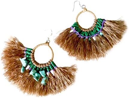 Khum Wieng Kham Women's Dangle Earrings Large Hoop Brown Tassel Decoration with Stone Native Style Handmade