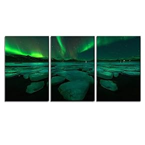 3 Piece Canvas Wall Art - Northern Lights Aurora Borealis in The Night Sky Over Beautiful Lake Landscape. - Modern Home Art Stretched and Framed Ready to Hang - 16"x24"x3 Panels