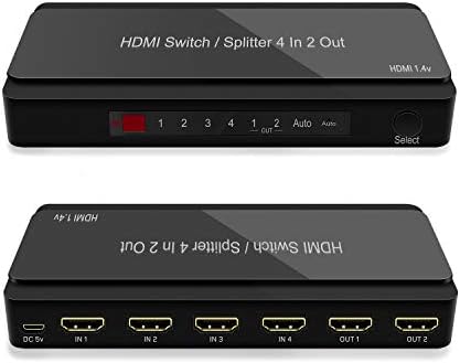 4 Port HDMI Switch, 4 in 2 Out HDMI Switch with Remote Control and AC Power Adapter, HDMI Switches Supports 4K, 1080P, 3D (4 in 2 Out HDMI Switch)