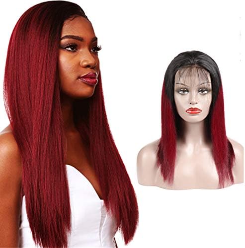 RACILY Ombre Straight Human Hair Wigs 1B Burgundy 1 Piece Lace Front Black Roots 99J Glueless Silky Straight Wigs Composed of Lace Closure with Hair Bundles (12" Human Hair Wig 1B/99J)