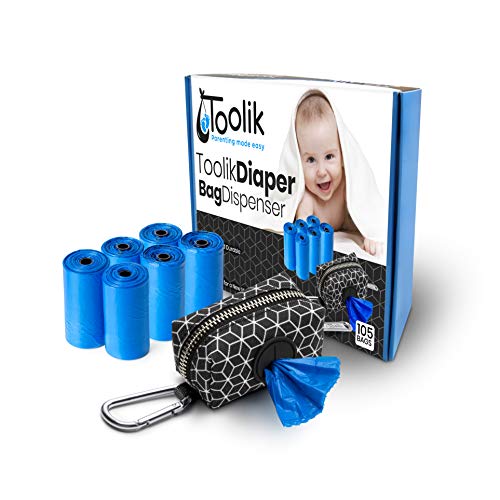 Toolik Diaper Bag Dispenser with 105 Disposable Unscented Waste Bags (7 Refill Rolls) for Baby and Toddler Poop or Dirty Clothes, Essential for Travel and Quick Change on The Go, Black with 3D Cube - Thumbnail 7